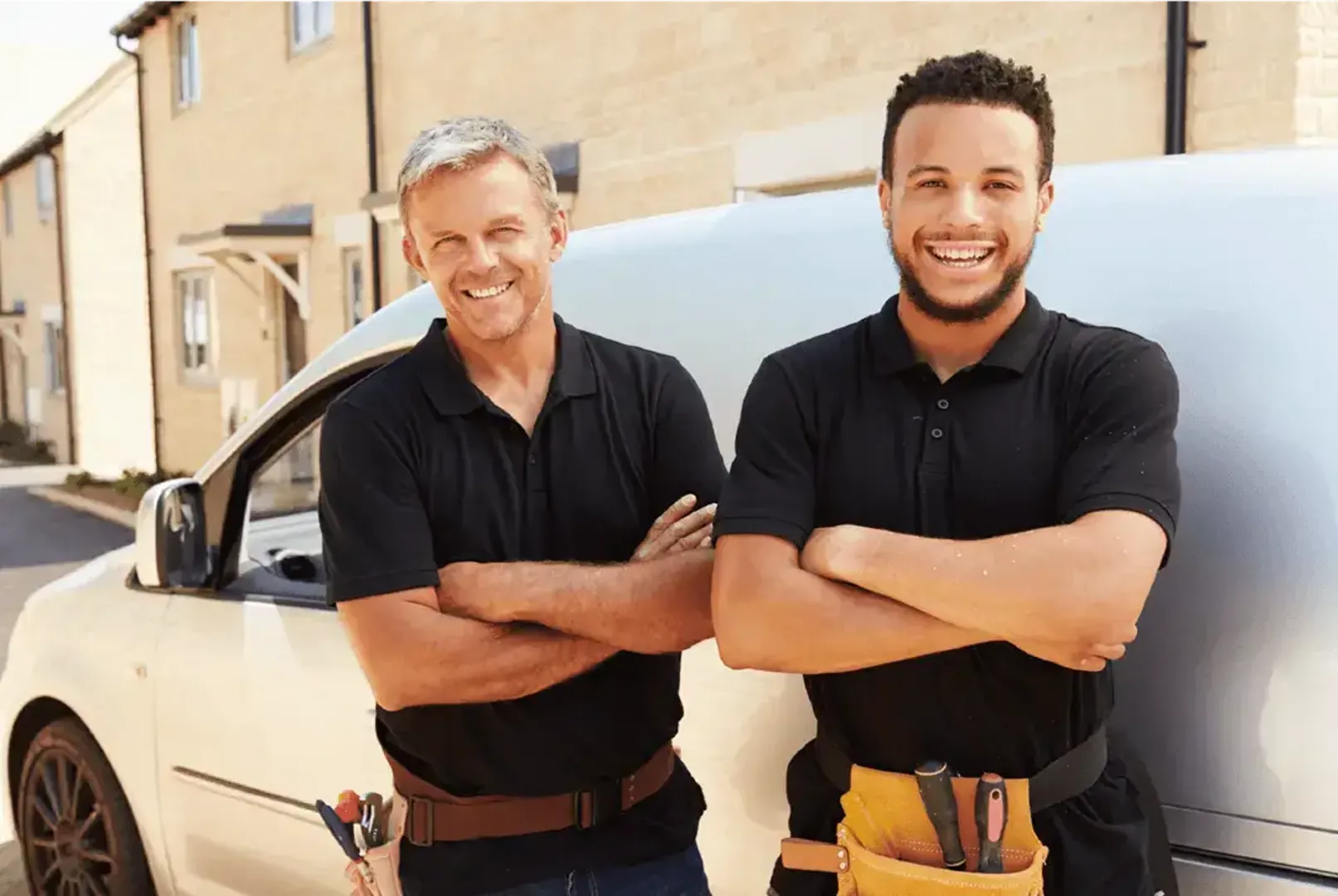 Two men smiling, standing by a van