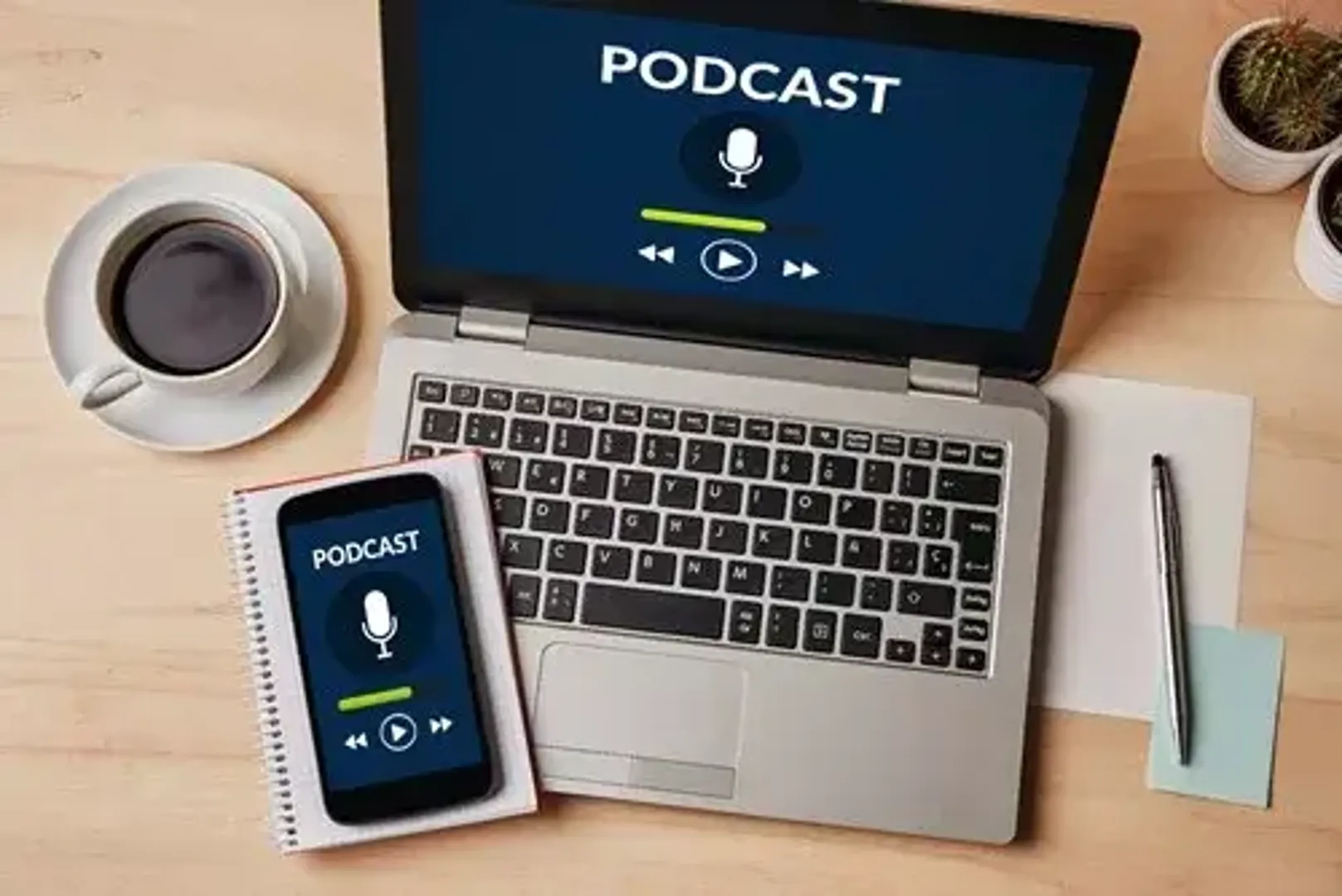 Laptop playing a podcast