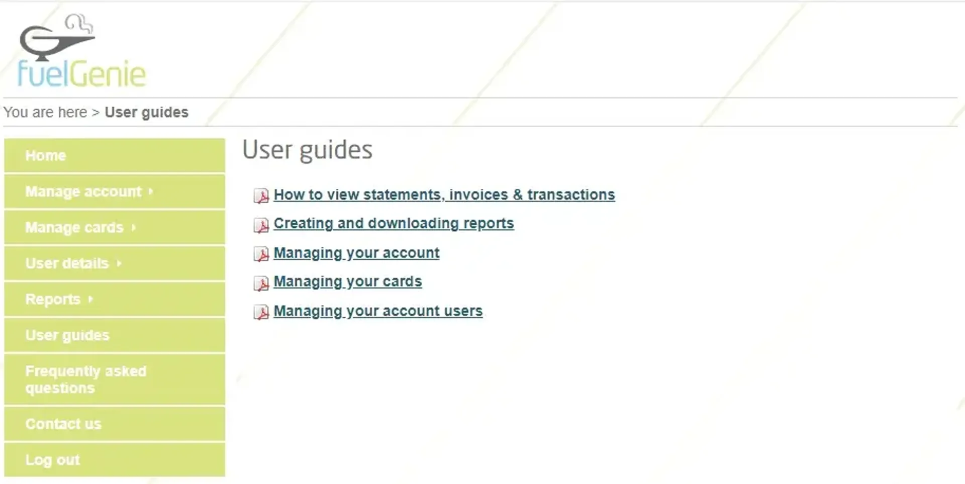 Dashboard view with list of user guides