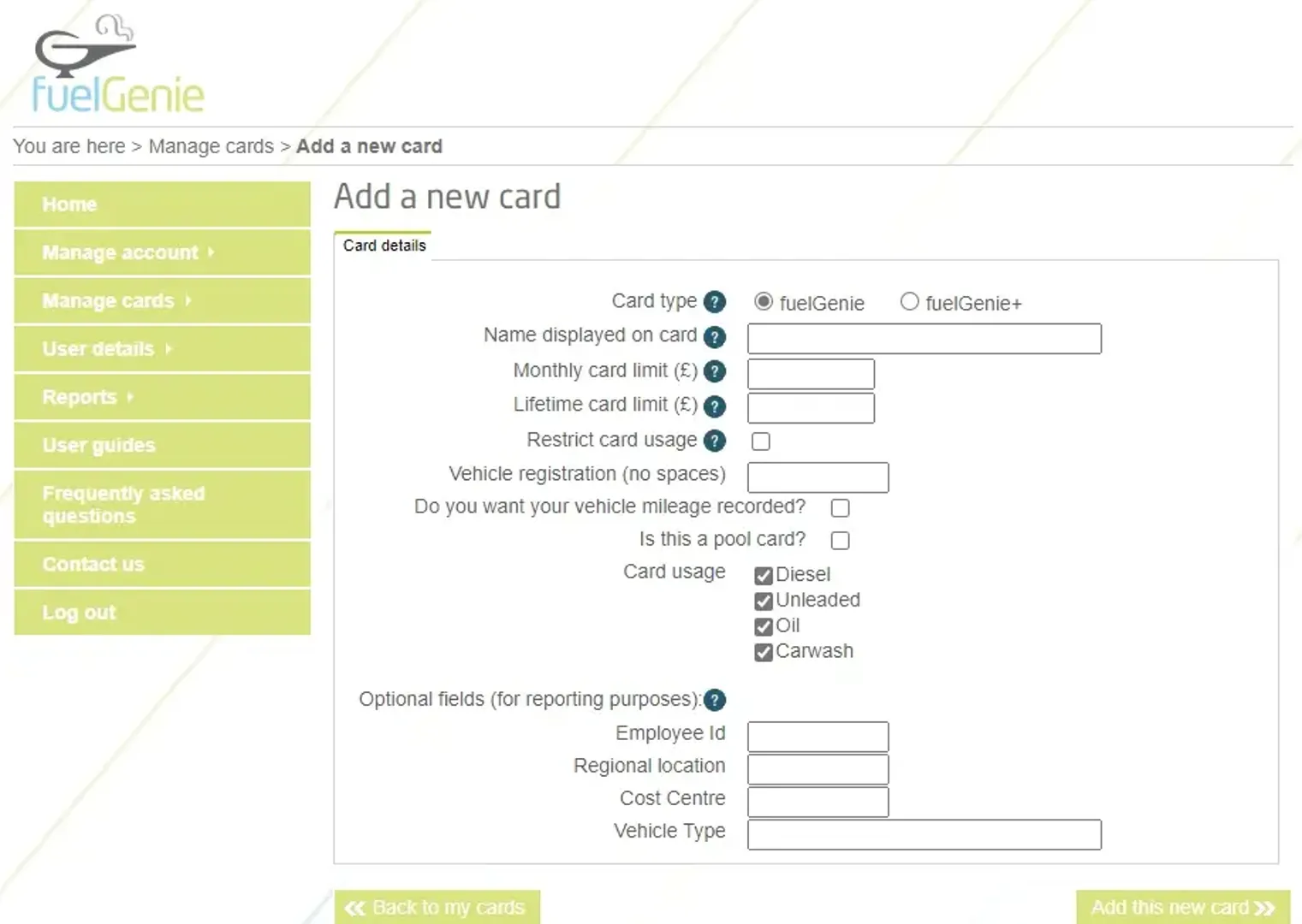 Dashboard view of 'Adding a new card' in the fuelGenie account