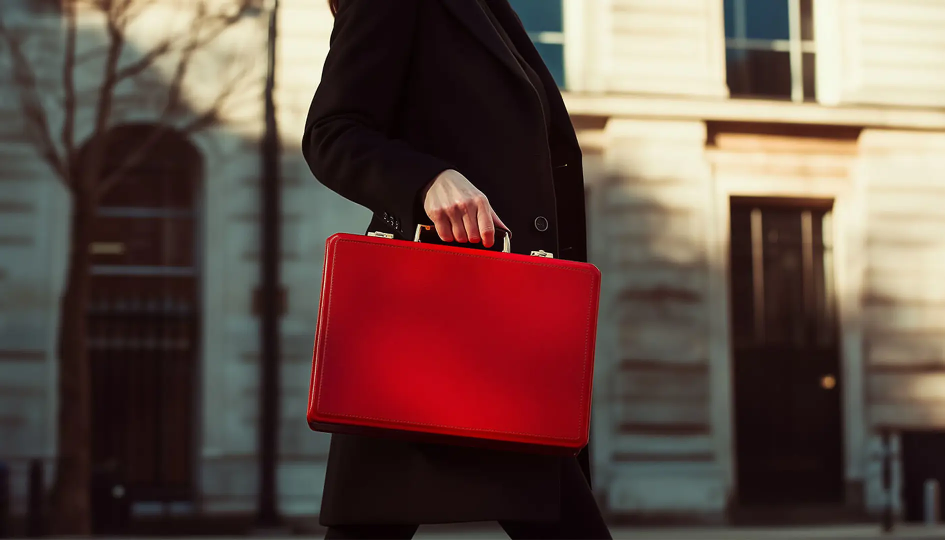 Person walking with a red brief case