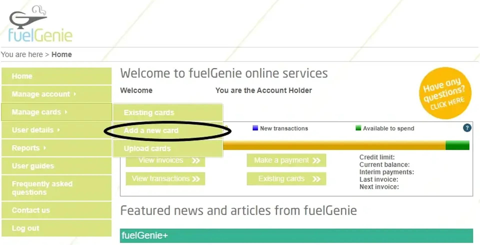 Dashboard of the fuelGenie account page