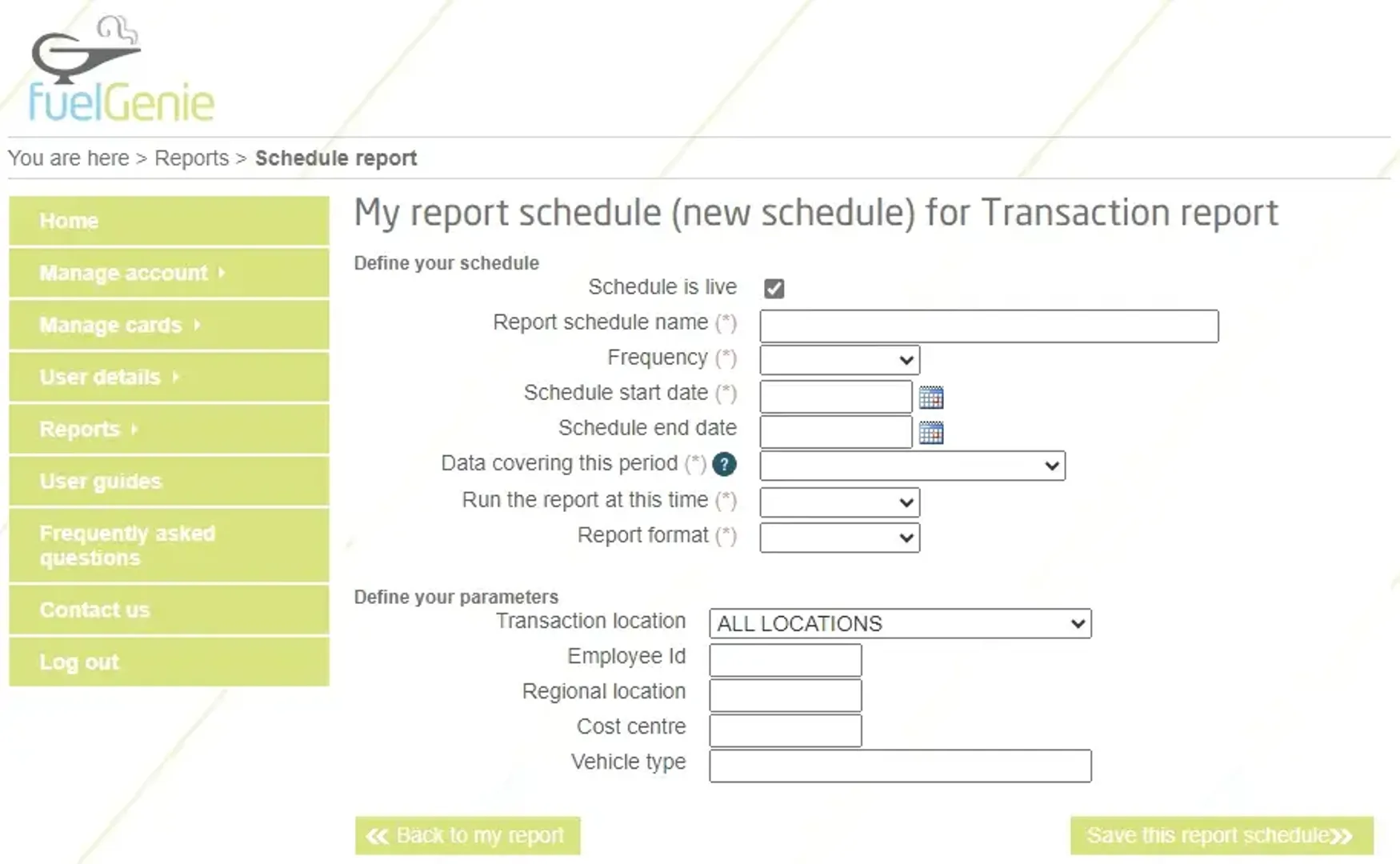 Dashboard view of report schedule in the fuelGenie account