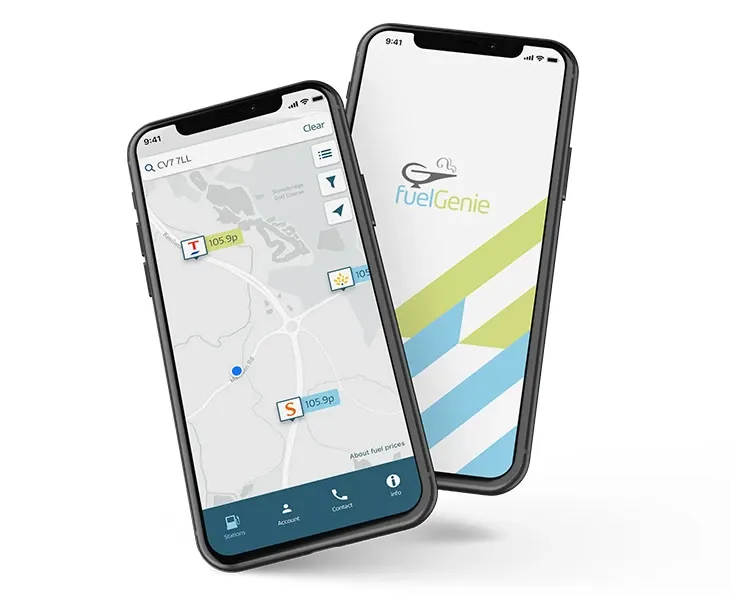 Two overlapping phones showing the fuel genie app