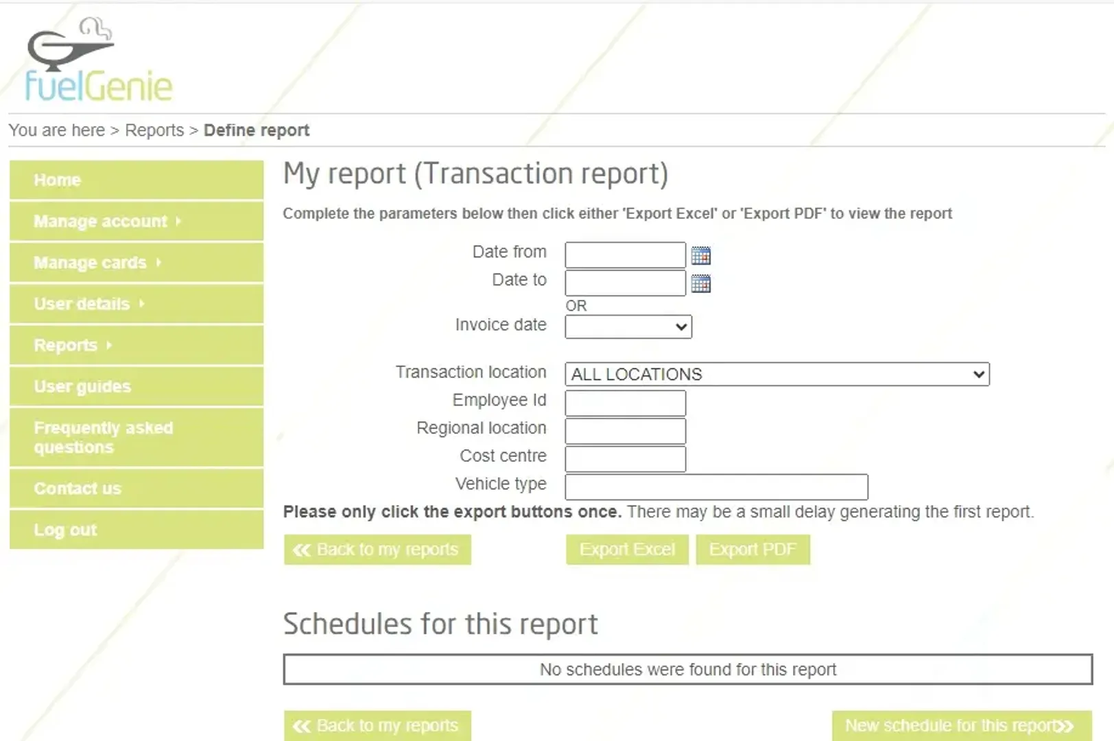 Dashboard view of Transaction Report in the fuelGenie account