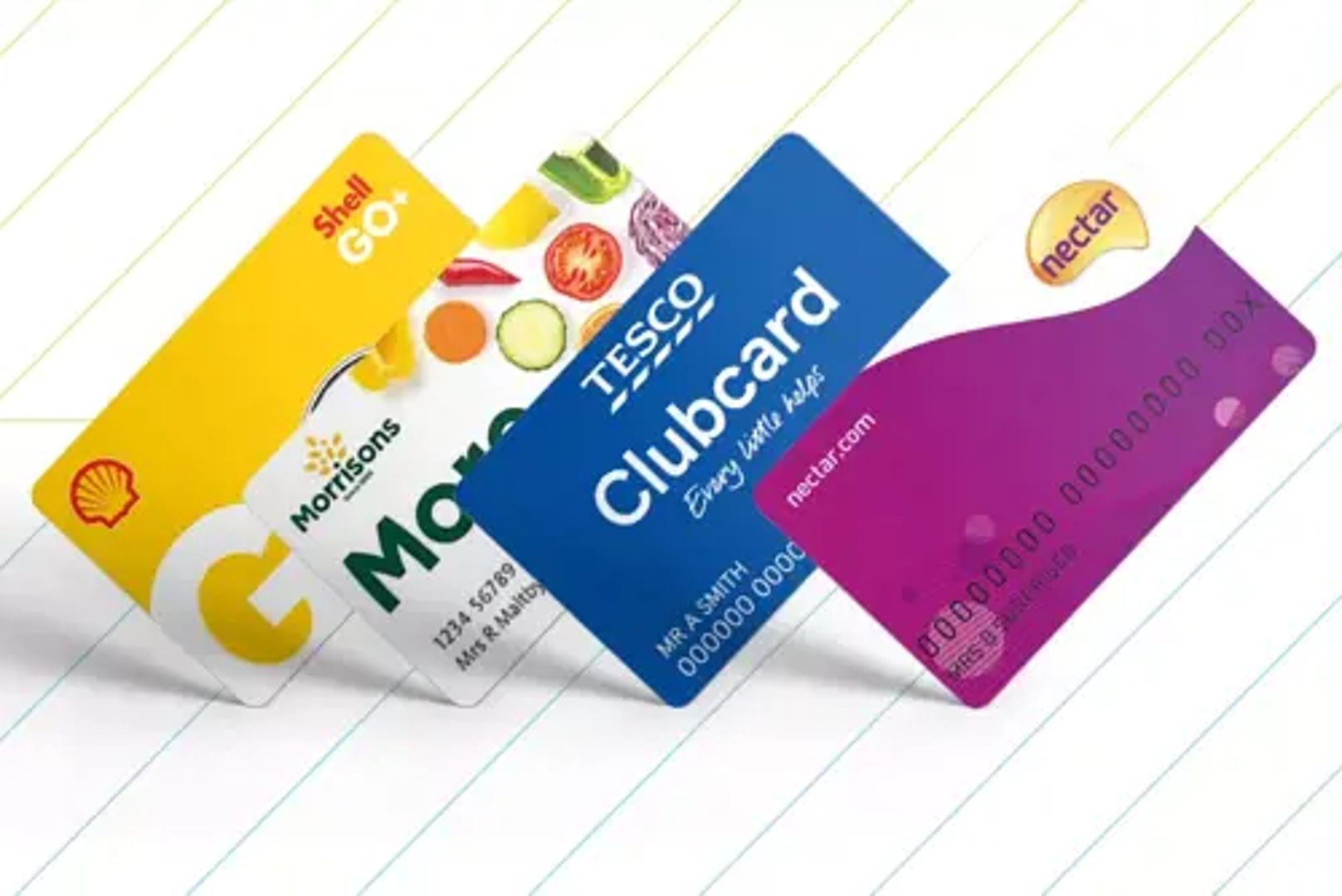 Row of 3 fuel station loyalty points cards: Shell Go, Morrisons More, Tesco Clubcard and Nectar card.