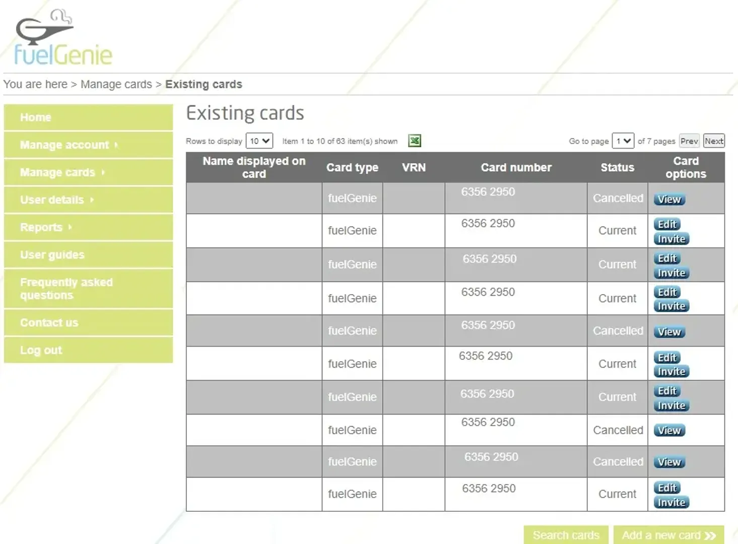 Dashboard view of existing cards in the fuelGenie account