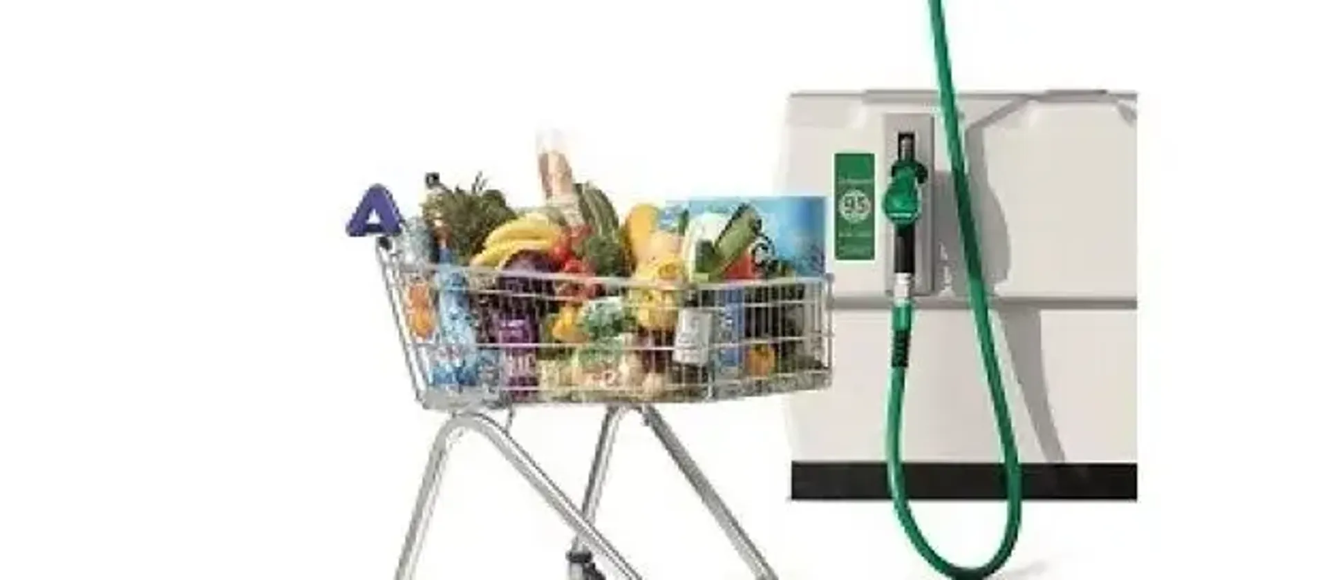 Supermarket trolley full of groceries next to fuel pump