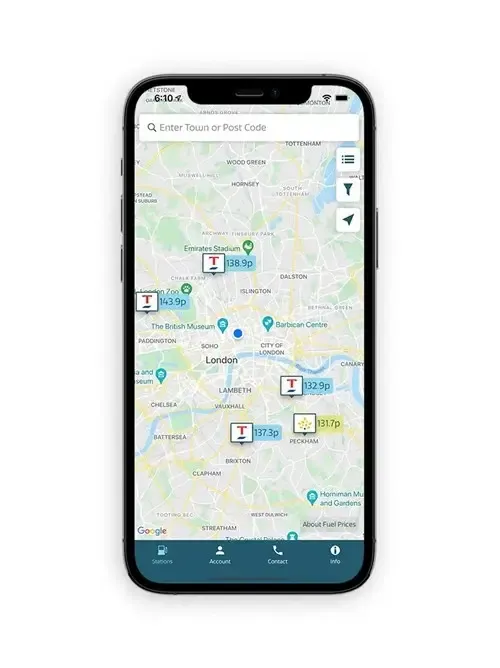 The app displays multiple location markers each with their own price indicating the fuel price at that station.