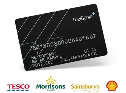 fuelGenieplus card is black with white lines. Underneath a 4 logos for tesco, morrisons, sainsburys and shell.