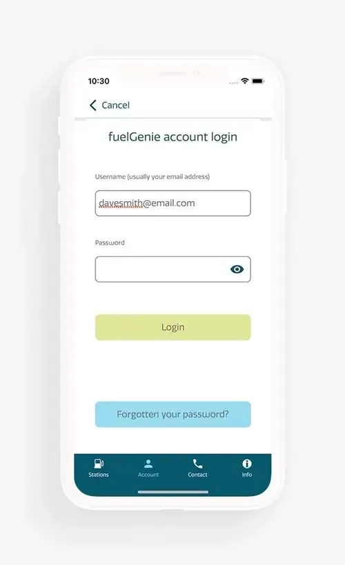 fuelGenie account login screen with username and password fields, allowing users to access their account."