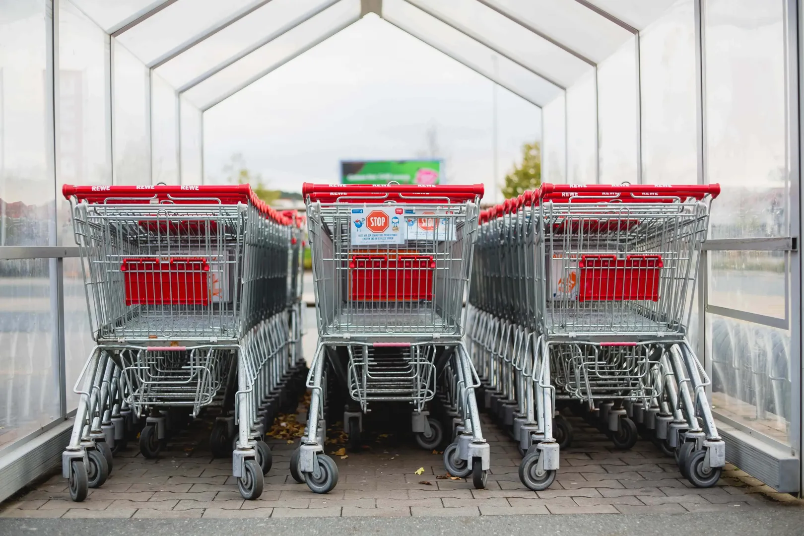 3 rows of trolleys in the trolley bay